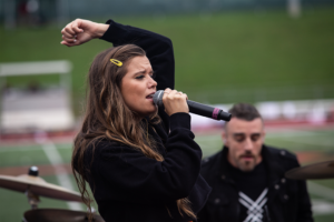 Halftime show band performing at the Gryphons homecoming game.