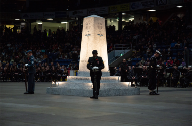 Honour guard stands by the cenotaph in the Sleeman Centre.