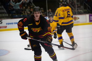 #26 Ted Nichol skates towards the glass between plays.