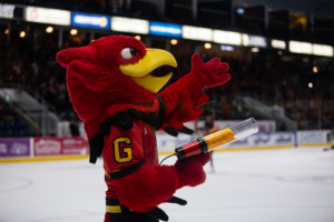 Gryph with shirt cannon at Frosty Mug 2020.