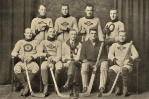 Walter Iveson (front middle), hockey manager for the Year ’18 hockey team. A&SC, OAC 1918 Yearbook, RE1OACA0195.
